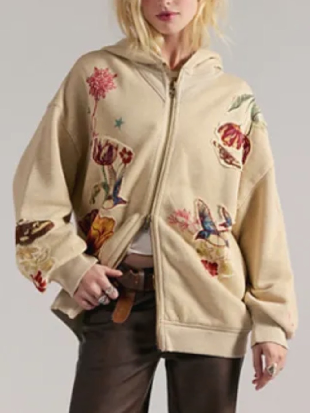 Free People Grandma's Garden Hoodie Zip Up Sweatshirt in Tea Overdye Gray NWT